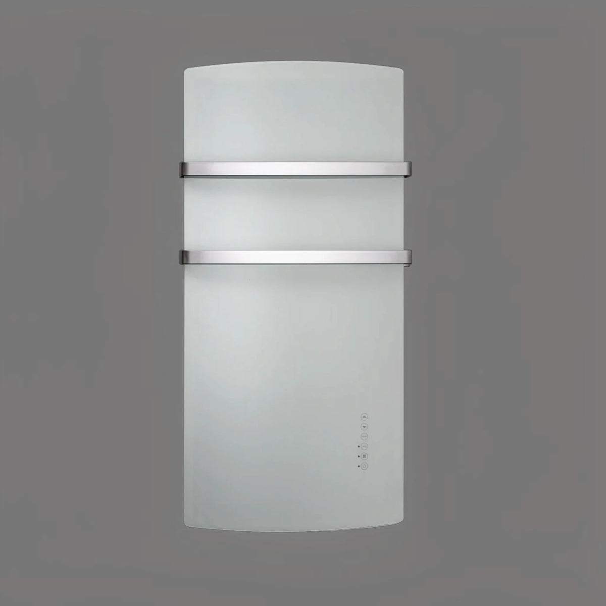 Scaldasalviette elettrico in vetro bianco Klimago™ Radialight DEVA con portasalviette in alluminio e controllo touch