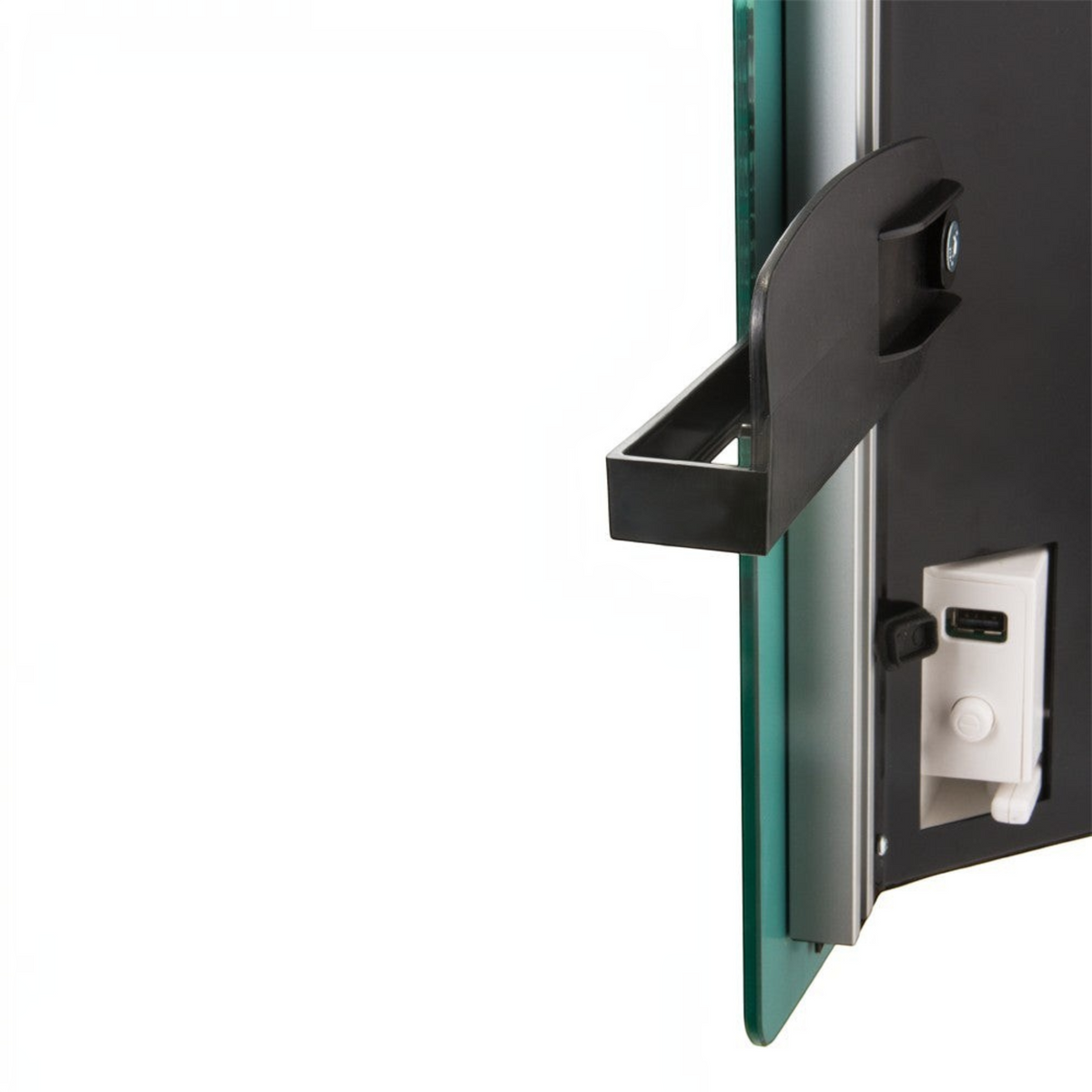 Dettaglio laterale dello scaldasalviette elettrico in vetro Klimago™ Radialight DEVA con supporto telefono e porta USB