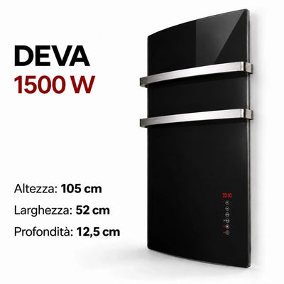 Scaldasalviette elettrico in vetro nero Klimago™ DEVA 1500 W con portasalviette in alluminio e controllo touch