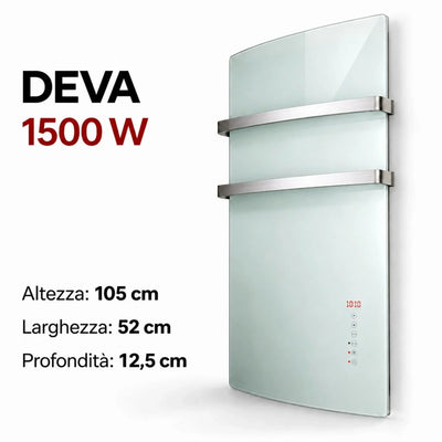 Scaldasalviette elettrico in vetro Klimago™ Radialight DEVA 1500 W con portasalviette in alluminio e controllo touch