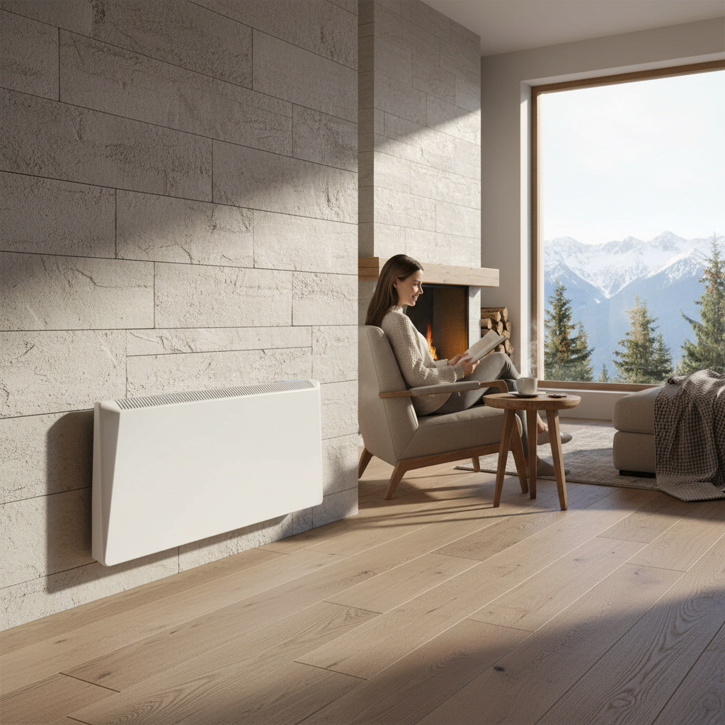 Termoconvettore elettrico digitale bianco Radialight SIRIO installato a parete in un soggiorno moderno Klimago™