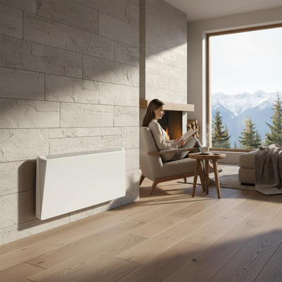 Termoconvettore elettrico digitale bianco Radialight SIRIO installato a parete in un soggiorno moderno Klimago™