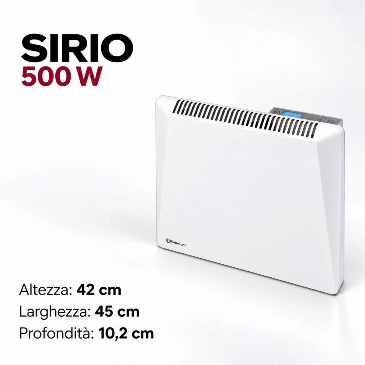 Termoconvettore elettrico digitale bianco Radialight SIRIO 500W disponibile su Klimago™ con display e design moderno