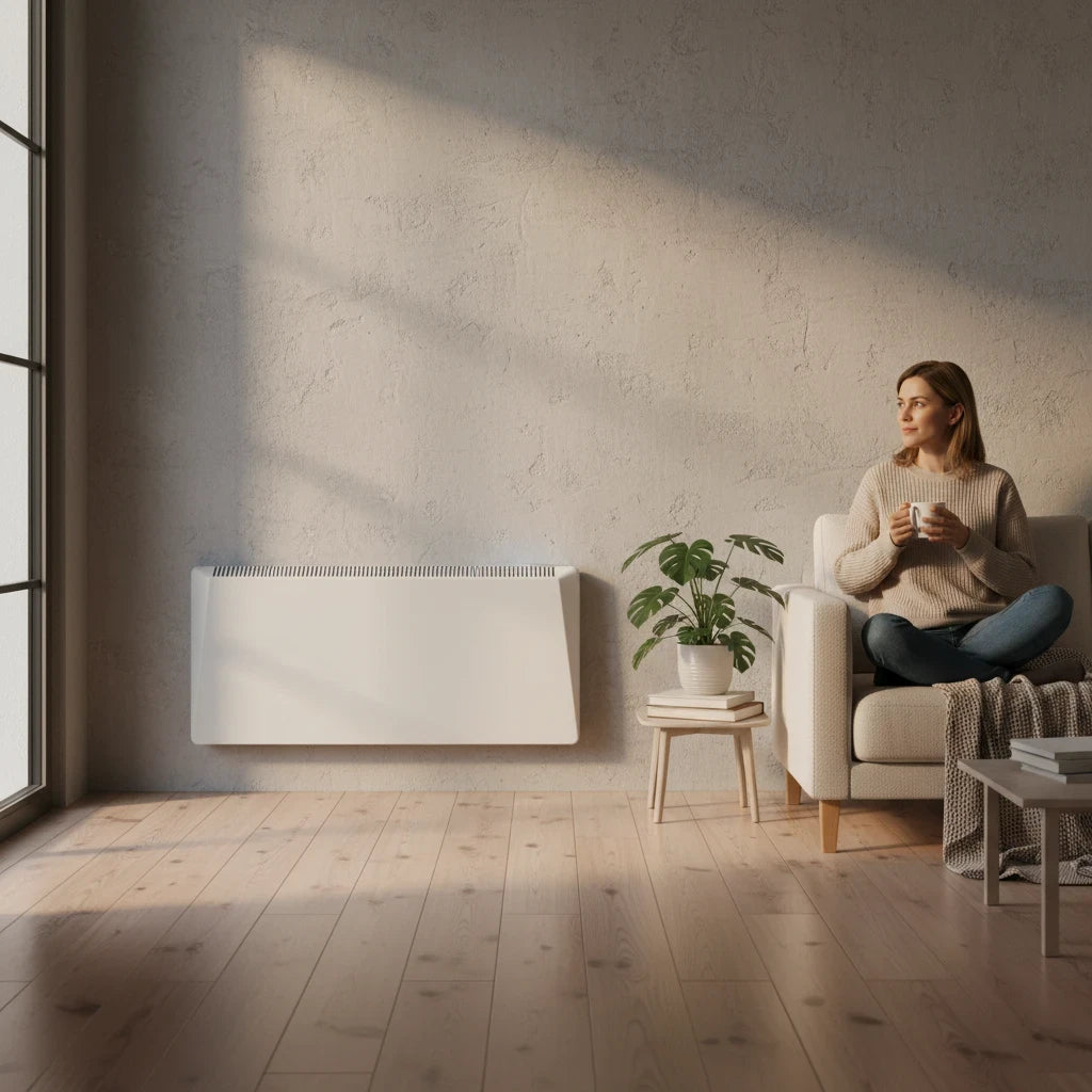 Termoconvettore elettrico digitale bianco Radialight SIRIO installato a parete in un soggiorno accogliente Klimago
