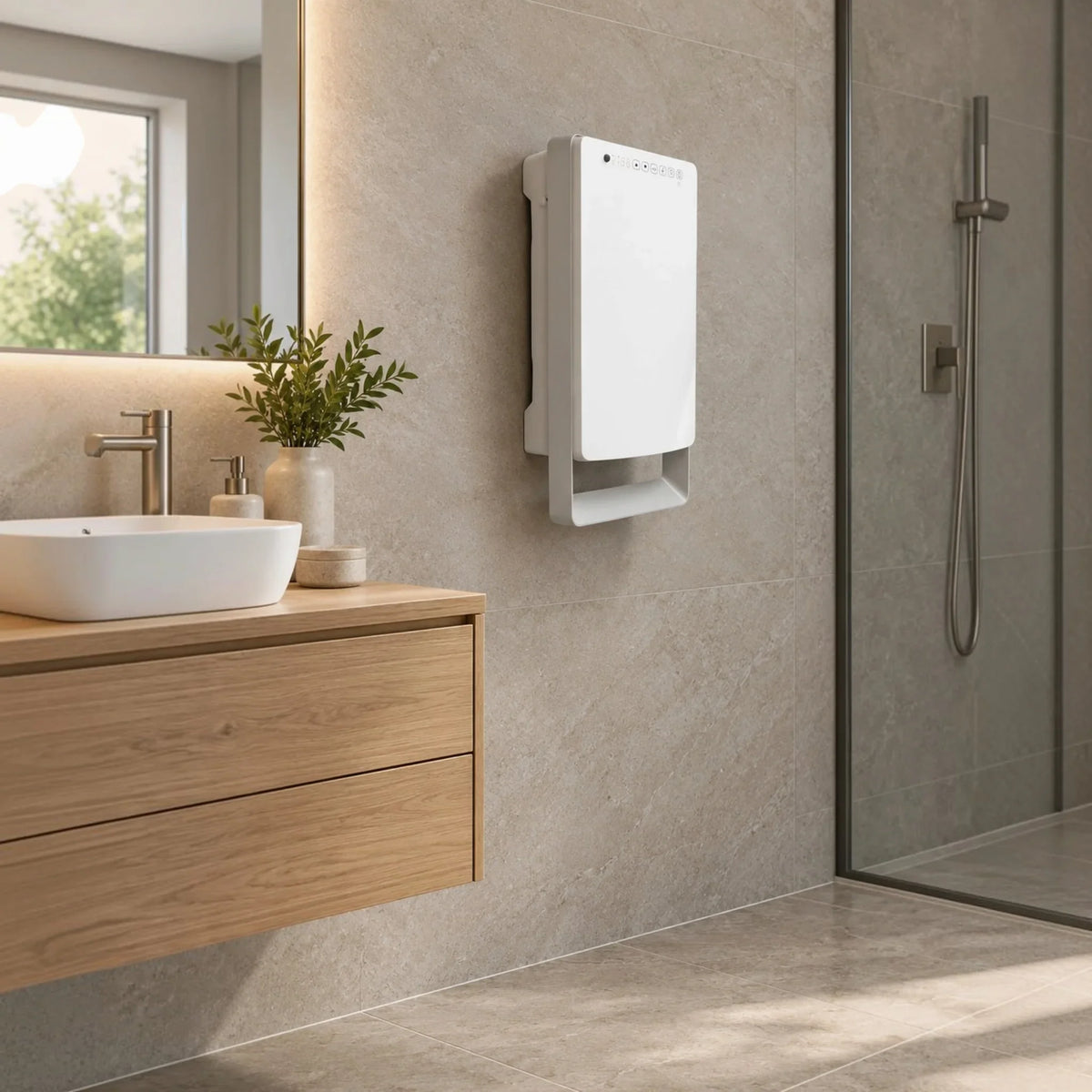 Termoventilatore da bagno Klimago™ Radialight TOUCH bianco e grigio con barra portasalviette installato a parete