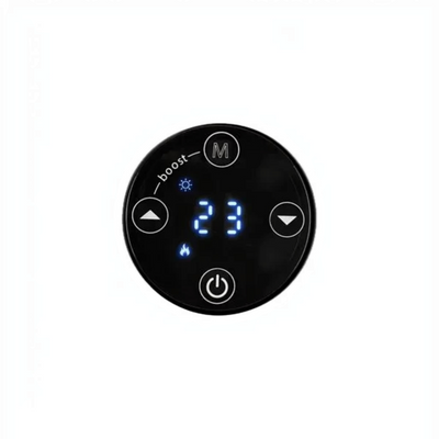 Display touch screen circolare del termoventilatore Klimago™ Radialight BALI con icone luminose e impostazione 23 gradi