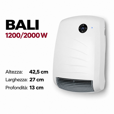 Termoventilatore da parete in metallo bianco lucido Radialight BALI con controlli touch e display digitale Klimago