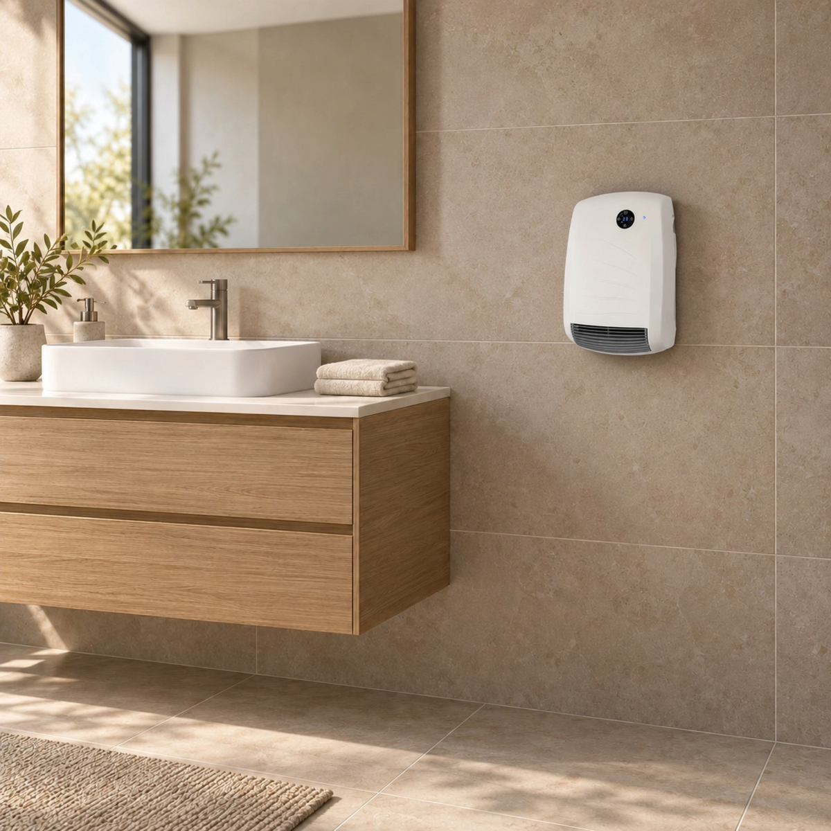 Termoventilatore in metallo bianco lucido Radialight BALI installato a parete in un bagno moderno Klimago™