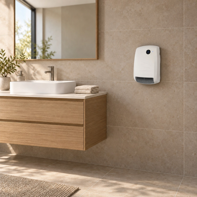 Termoventilatore in metallo bianco lucido Radialight BALI installato a parete in un bagno moderno Klimago™