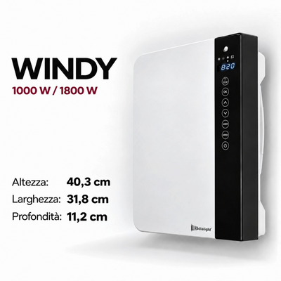 Termoventilatore da parete Klimago™ Radialight WINDY bianco con display touch e specifiche tecniche