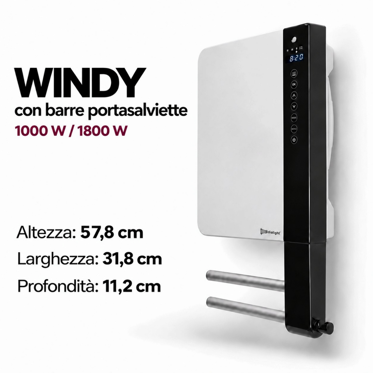 Termoventilatore da parete Klimago Radialight WINDY 2B bianco con barre portasalviette e display touch digitale