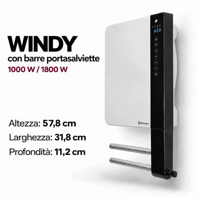 Termoventilatore da parete Klimago Radialight WINDY 2B bianco con barre portasalviette e display touch digitale