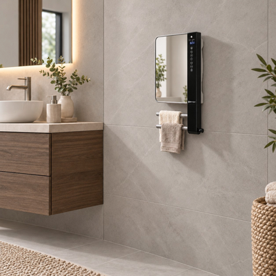 Termoventilatore da parete Klimago™ Radialight WINDY Visio con specchio, barre portasciugamani e display touch in bagno