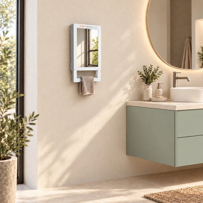 Termoventilatore con specchio Radialight QUADRO VISIO bianco lucido con barra portasalviette installato da Klimago™